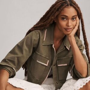 Anthropologie Khaki Utility Jacket with Pink Accents